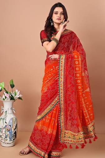orange bandhani embroidered bandhani saree