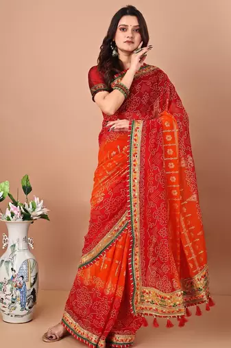 orange bandhani embroidered bandhani saree