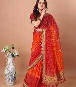orange bandhani embroidered bandhani saree