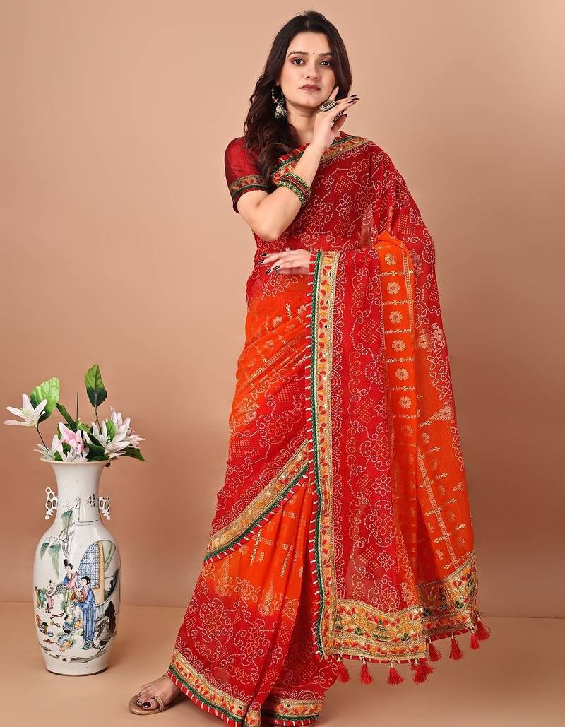 orange bandhani embroidered bandhani saree