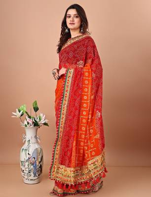 orange bandhani embroidered bandhani saree 2