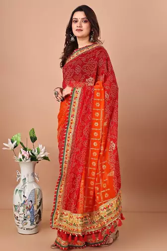 orange bandhani embroidered bandhani saree