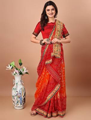 orange bandhani embroidered bandhani saree 3