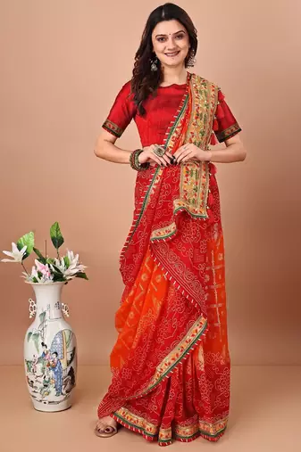 orange bandhani embroidered bandhani saree