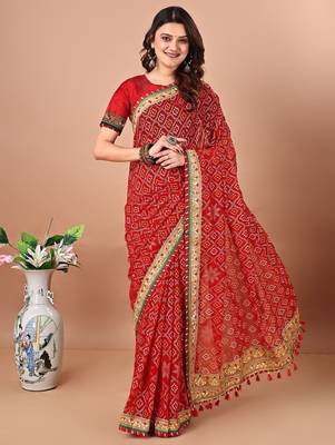 Red printed embroidered bandhani saree 1