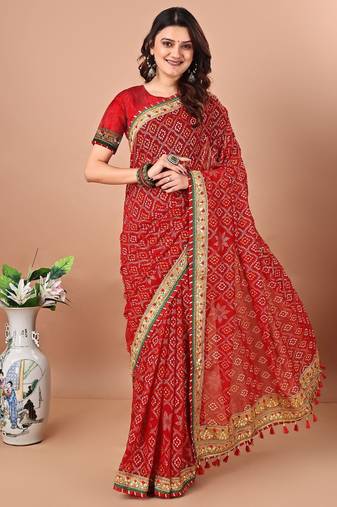 Red printed embroidered bandhani saree