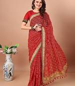 Red printed embroidered bandhani saree
