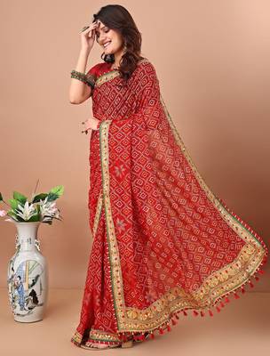 Red printed embroidered bandhani saree 2