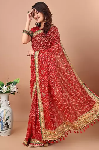 Red printed embroidered bandhani saree