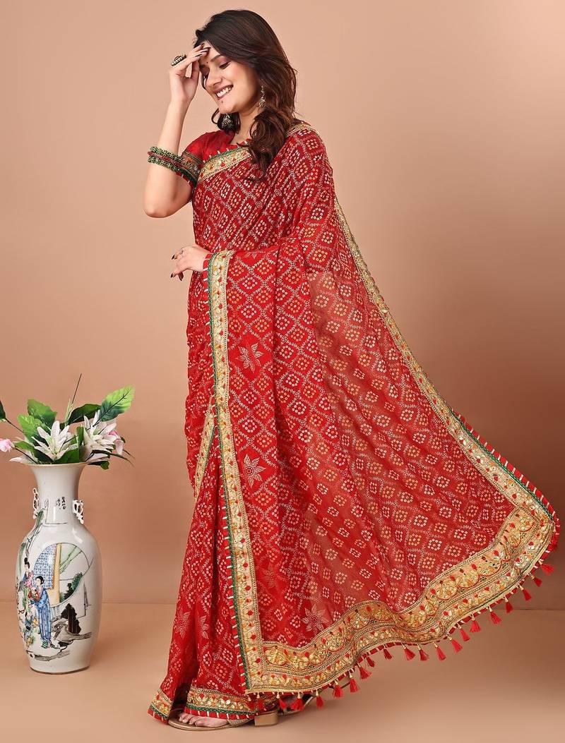 Red printed embroidered bandhani saree