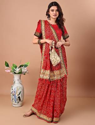 Red printed embroidered bandhani saree 3