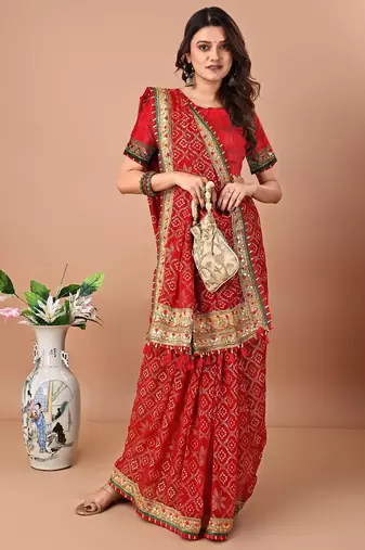 Red printed embroidered bandhani saree