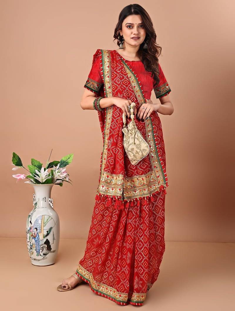 Red printed embroidered bandhani saree