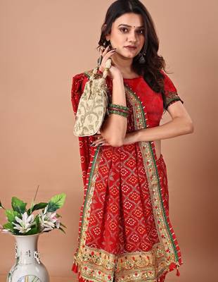 Red printed embroidered bandhani saree 4