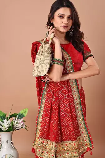 Red printed embroidered bandhani saree