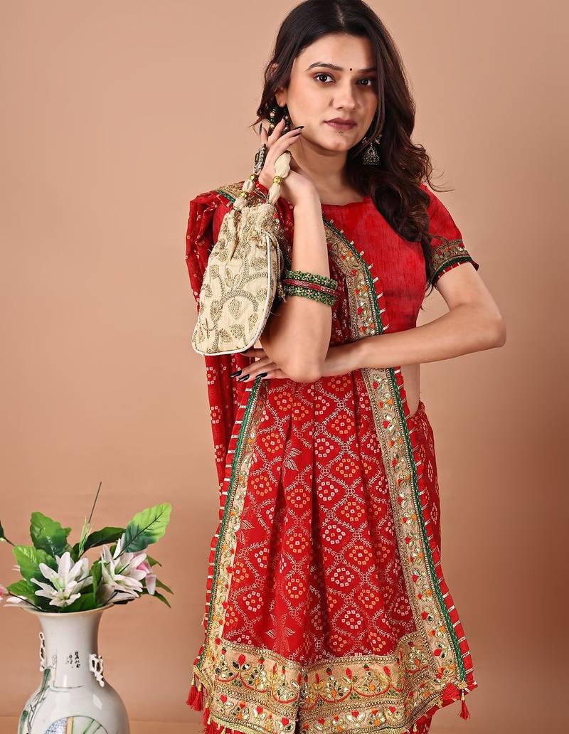 Red printed embroidered bandhani saree