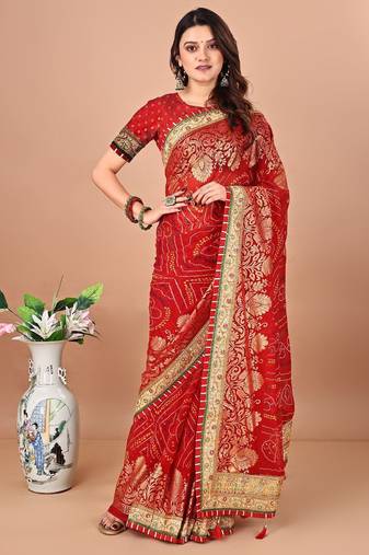 red bandhani printed embroidered saree
