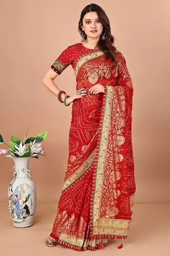 red bandhani printed embroidered saree