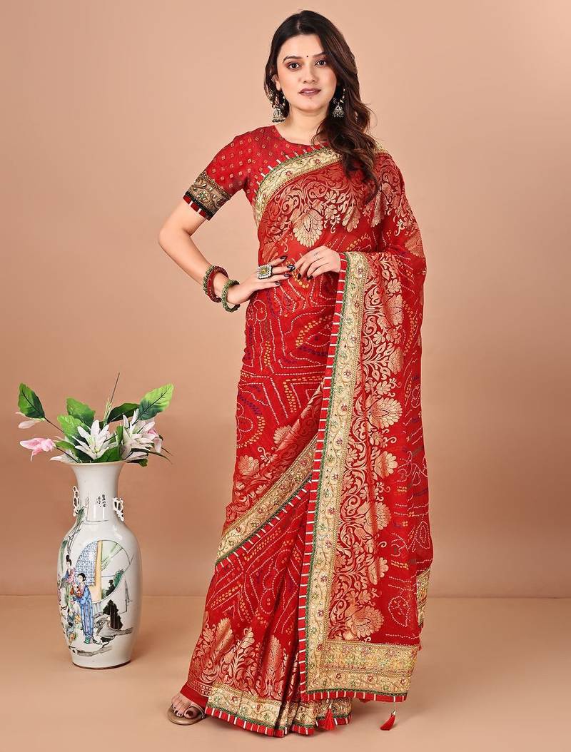 red bandhani printed embroidered saree