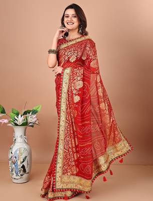 red bandhani printed embroidered saree 2