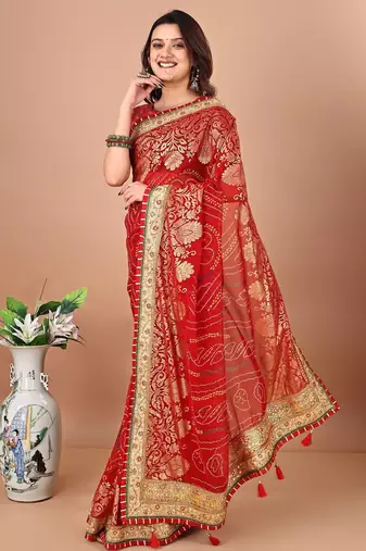 red bandhani printed embroidered saree