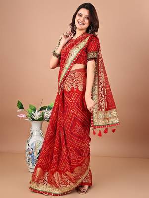 red bandhani printed embroidered saree 3