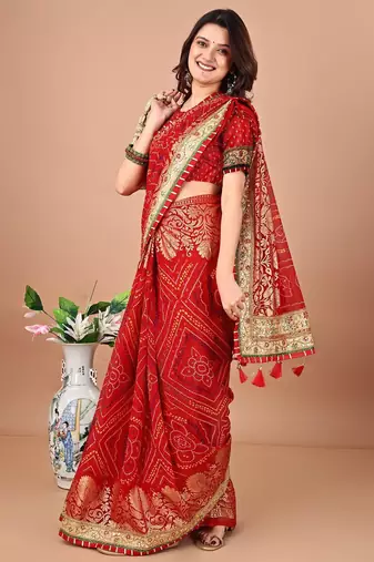 red bandhani printed embroidered saree