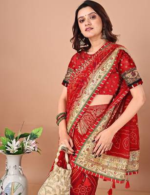 red bandhani printed embroidered saree 4