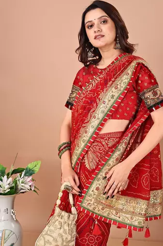 red bandhani printed embroidered saree
