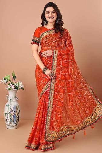 Orange bandhani embroidered bandhani saree with unstitched blouse piece