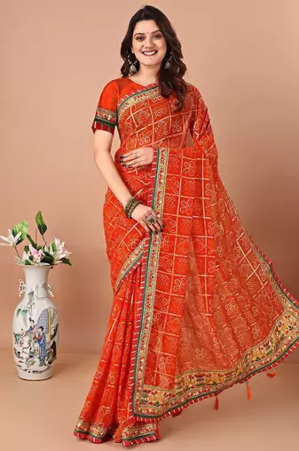 Orange bandhani embroidered bandhani saree with unstitched blouse piece