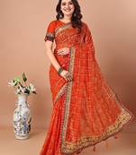 Orange bandhani embroidered bandhani saree with unstitched blouse piece