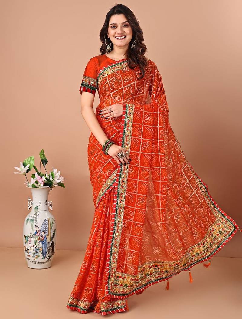 Orange bandhani embroidered bandhani saree with unstitched blouse piece