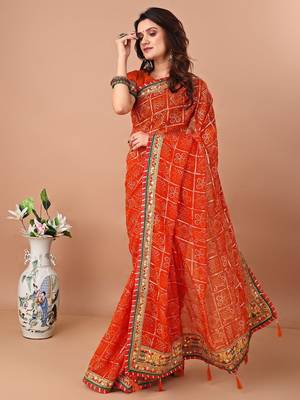Orange bandhani embroidered bandhani saree with unstitched blouse piece 2