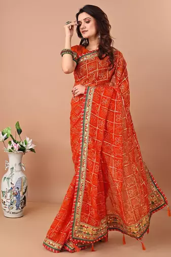Orange bandhani embroidered bandhani saree with unstitched blouse piece