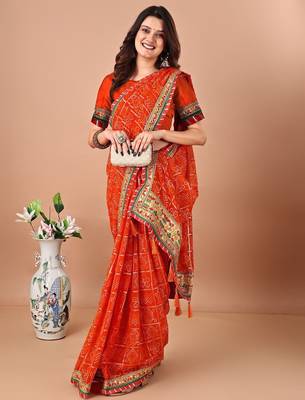 Orange bandhani embroidered bandhani saree with unstitched blouse piece 3