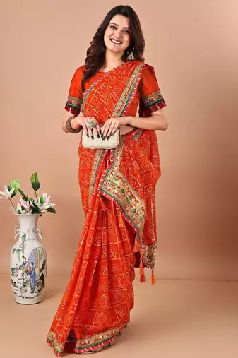 Orange bandhani embroidered bandhani saree with unstitched blouse piece