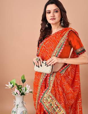 Orange bandhani embroidered bandhani saree with unstitched blouse piece 4
