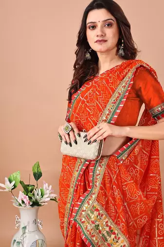 Orange bandhani embroidered bandhani saree with unstitched blouse piece