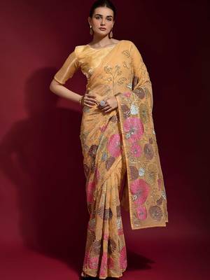 peach ethnic motifs embroidered sequinned poly georgette saree 1
