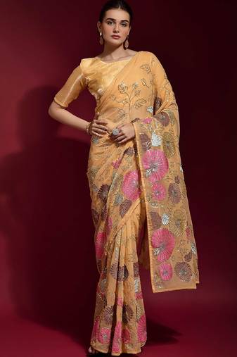 peach ethnic motifs embroidered sequinned poly georgette saree