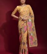 peach ethnic motifs embroidered sequinned poly georgette saree