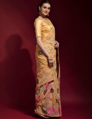 peach ethnic motifs embroidered sequinned poly georgette saree 2