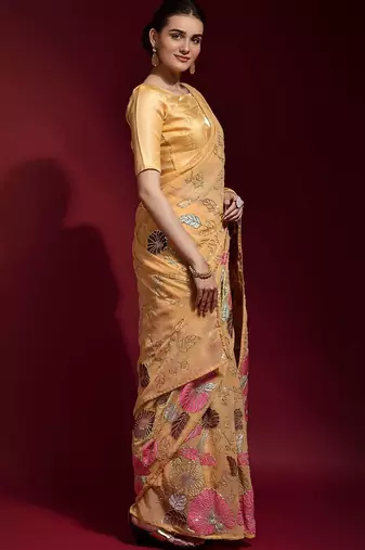 peach ethnic motifs embroidered sequinned poly georgette saree