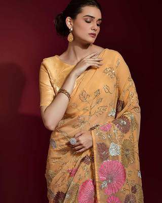 peach ethnic motifs embroidered sequinned poly georgette saree 3