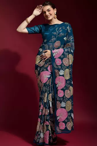 Teal floral printed poly georgette saree