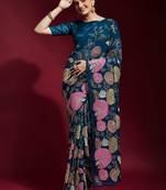 Teal floral printed poly georgette saree