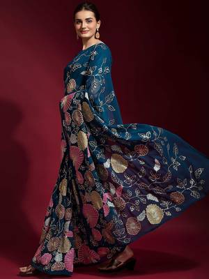 Teal floral printed poly georgette saree 2