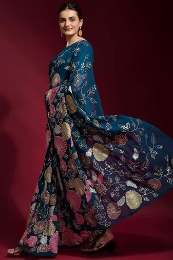 Teal floral printed poly georgette saree