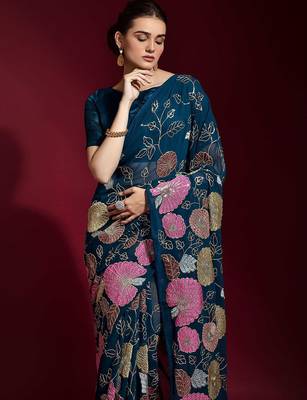 Teal floral printed poly georgette saree 3